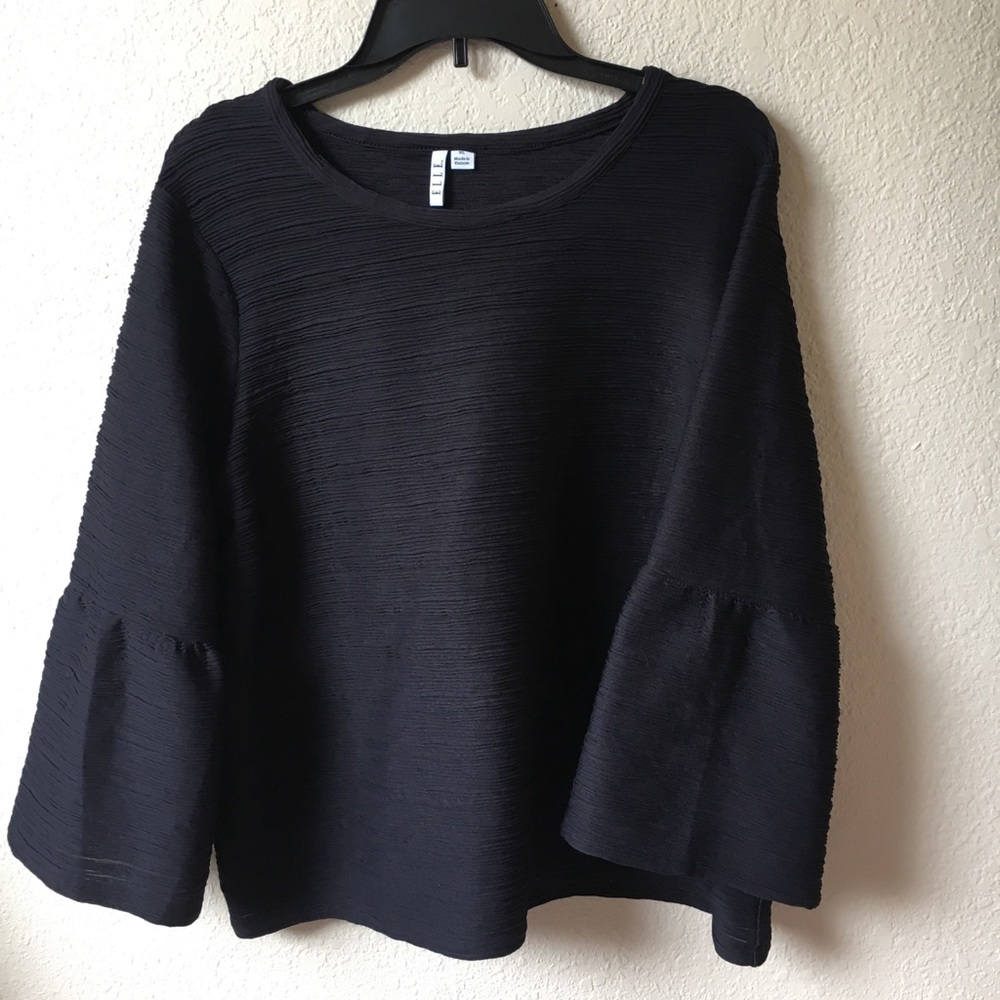 Black Elle Embossed Flare-Sleeve Blouse